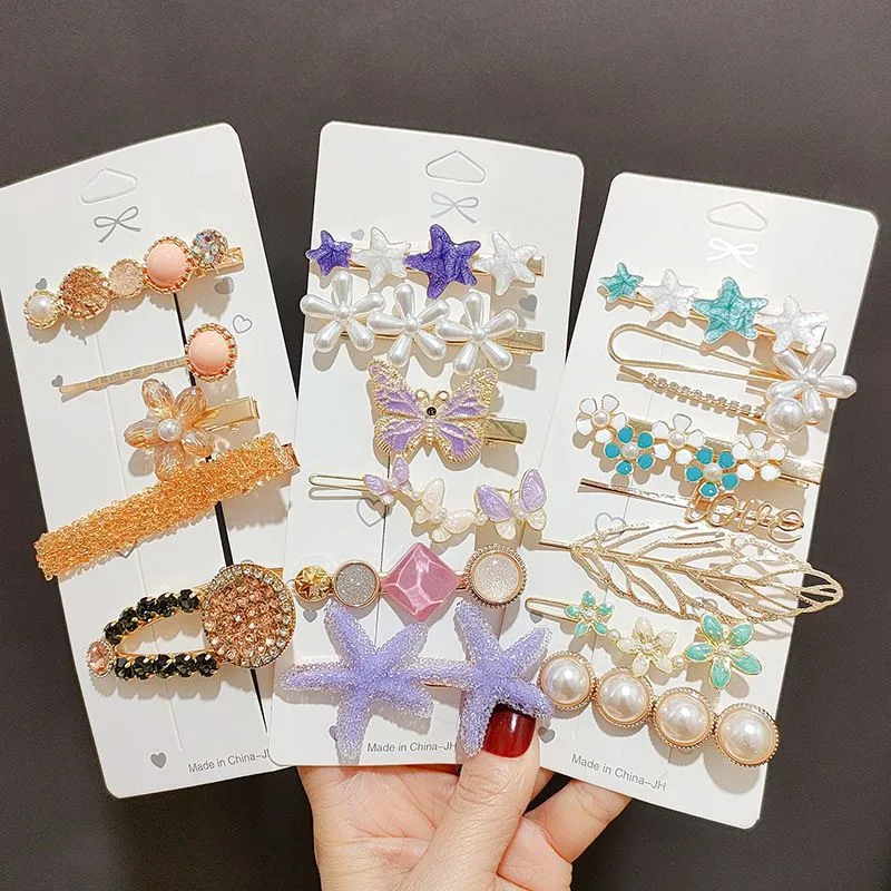 Women Fashion Crystal Metal Diamond Imitation Pearl Hairpin Set One-Character Clip