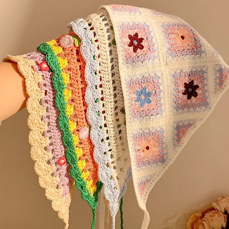 Women's Knitted Triangle Scarf Handmade Plaid Accessory