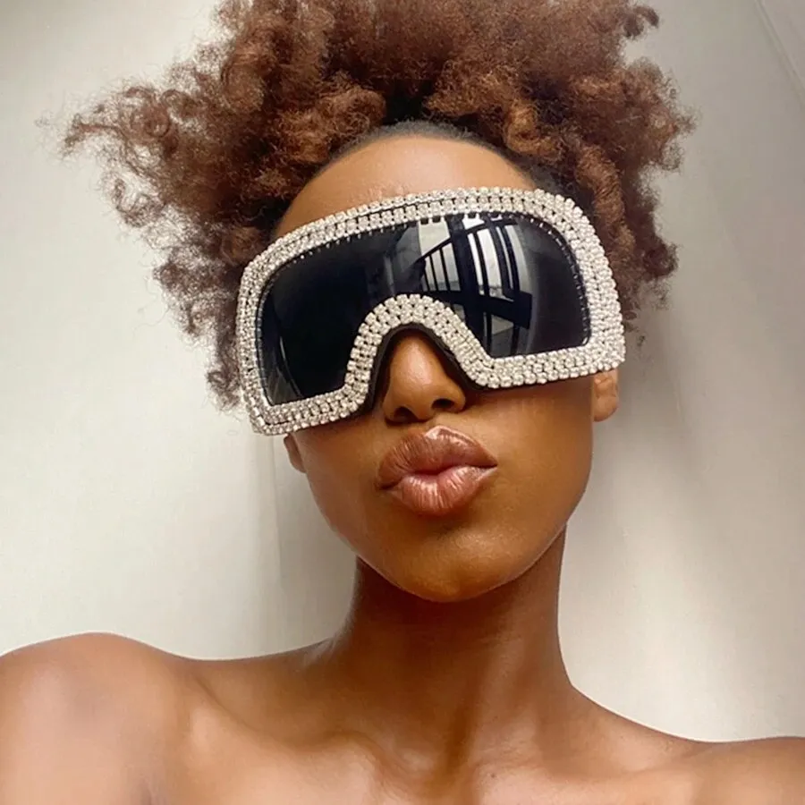 Women Fashion Punk Rhinestone Decoration Large Frame Square Sunglasses