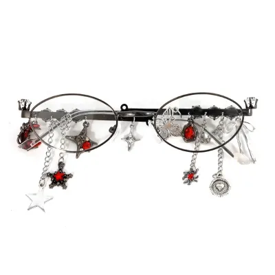 Women Fashion Gothic Star Butterfly Chain Pendant Small Frame Oblong Mirror Sunglasses