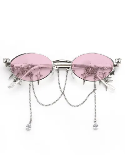 Women Fashion Gothic Star Butterfly Chain Pendant Small Frame Oblong Mirror Sunglasses