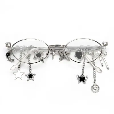 Women Fashion Gothic Star Butterfly Chain Pendant Small Frame Oblong Mirror Sunglasses