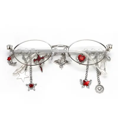 Women Fashion Gothic Star Butterfly Chain Pendant Small Frame Oblong Mirror Sunglasses