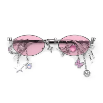 Women Fashion Gothic Star Butterfly Chain Pendant Small Frame Oblong Mirror Sunglasses