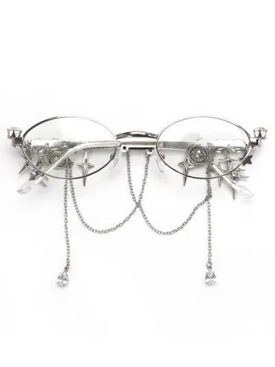 Women Fashion Gothic Star Butterfly Chain Pendant Small Frame Oblong Mirror Sunglasses