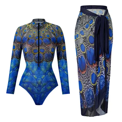 Women Fashion Casual Printed Long Sleeve Quick-Drying UPF 35+ Sun Protection Swimsuit Set