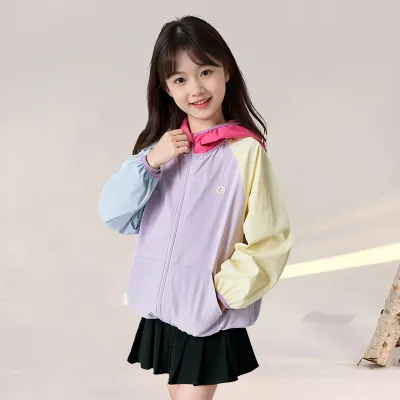 Kids Girls Sweet Color Block UPF 50+ Sun Protection Coat Long Sleeve Zip-Up Hoodie Light-Weight Casual Summer