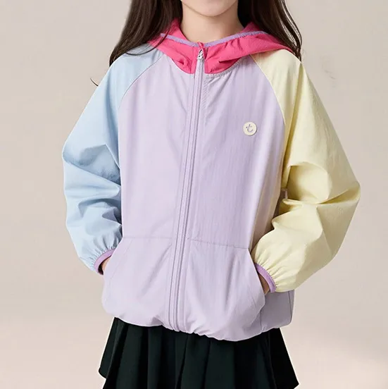 Kids Girls Sweet Color Block UPF 50+ Sun Protection Coat Long Sleeve Zip-Up Hoodie Light-Weight Casual Summer