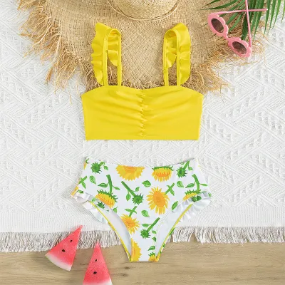 Kids Girls Flower Print Ruffled Bikini Swimsuit