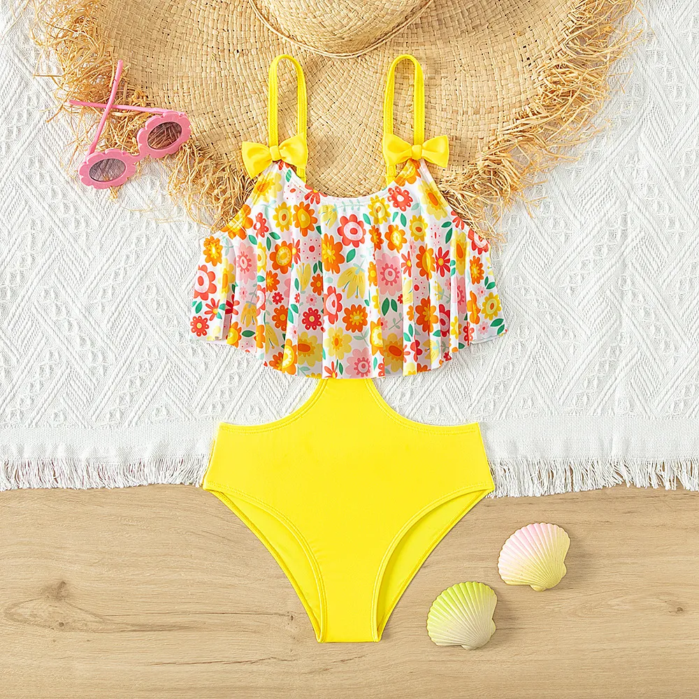 Kids Girls Fashion Flower Printed Ruffled One-Piece Swimsuit