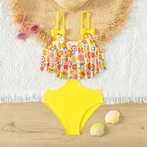 Kids Girls Fashion Flower Printed Ruffled One-Piece Swimsuit