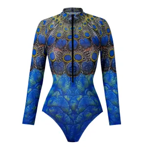 Women Fashion Casual Printed Long Sleeve Quick-Drying One-Piece UPF 35+  Sun Protection Swimsuit