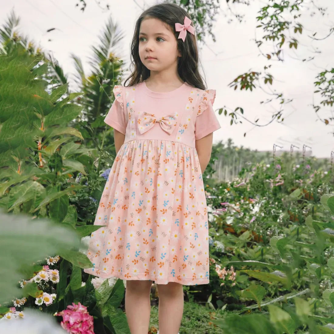 Kids Girls Fashion Elegant Summer Flower Printed Cotton Round Neck Short-Sleeve A-Line Dress