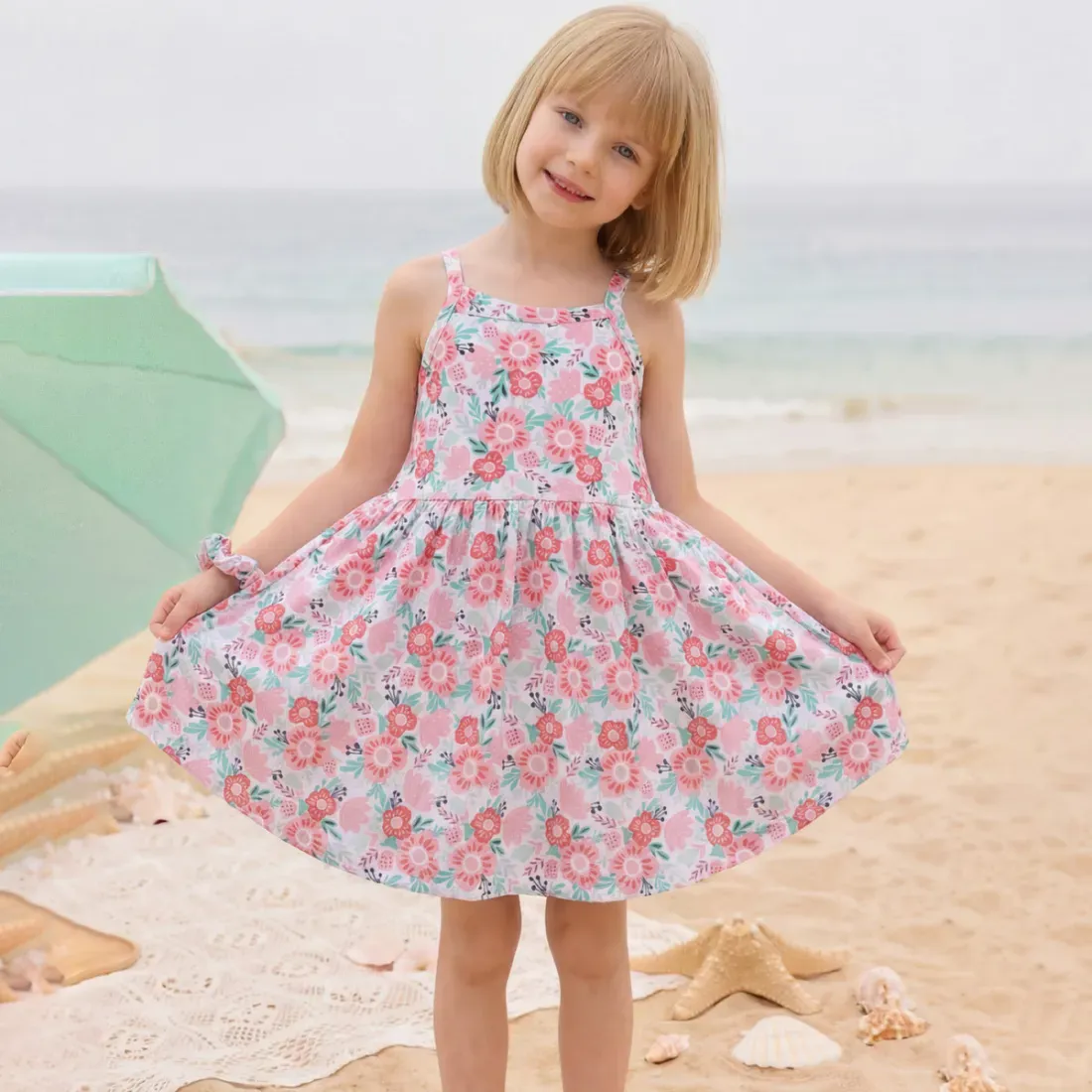 Kids Girls Fashion Summer Flower Print Cotton Round Neck Sleeveless A-Line Dress