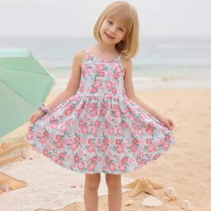 Kids Girls Fashion Summer Flower Print Cotton Round Neck Sleeveless A-Line Dress