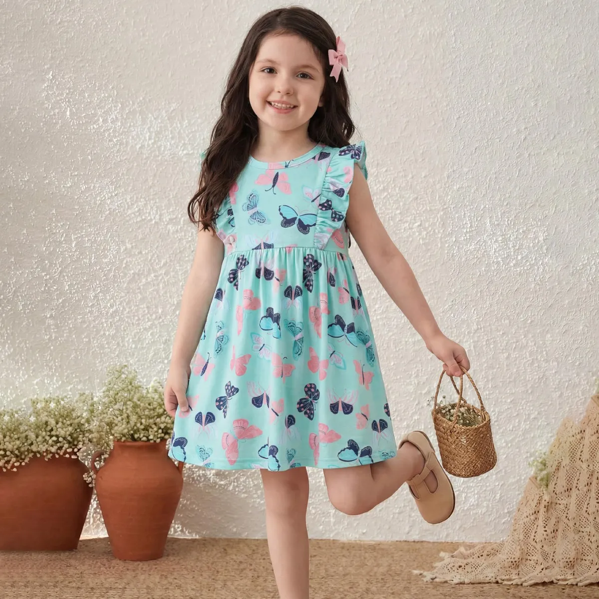 Kids Girls Fashion Cartoon Butterfly Print Summer Sleeveless Round Neck A-Line Cotton Dress