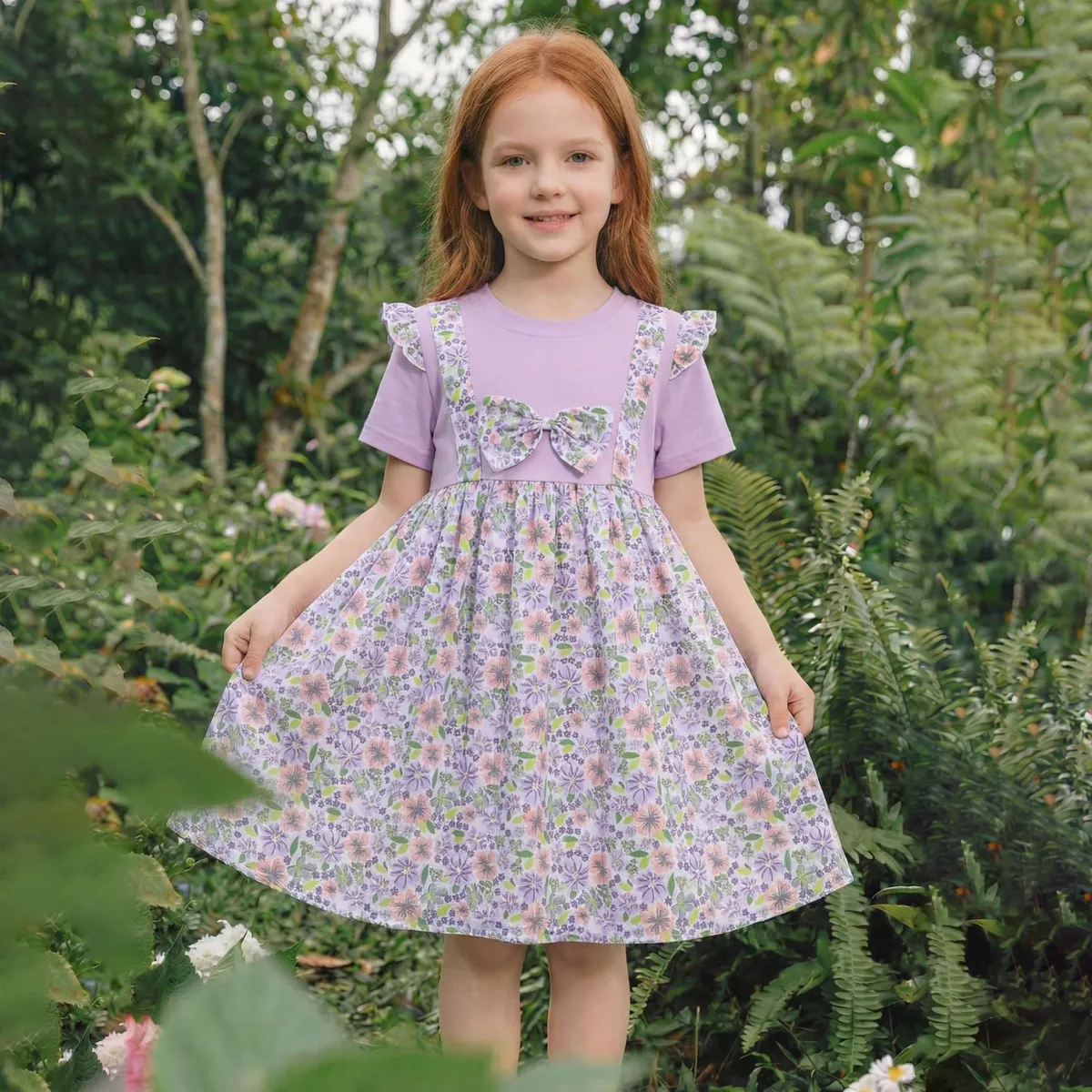 Kids Girls Summer Cartoon Flower Bowknot Round Neck Short-Sleeve Dress
