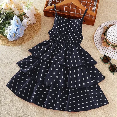 Kids Girls Polka Dot Print Spaghetti Strap Ruffled Sleeveless Dress Summer