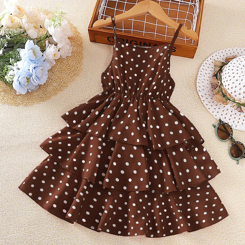 Kids Girls Polka Dot Print Spaghetti Strap Ruffled Sleeveless Dress Summer