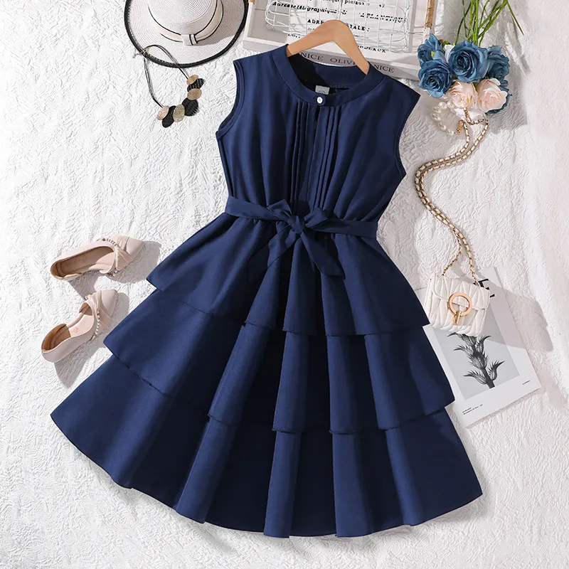 Kids Girls Fashion Elegant Summer Solid Color Sleeveless Ruffled A-Line Dress