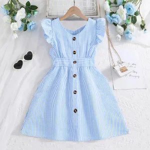 Kids Girls Fashion Casual Summer Stripe Flutter Sleeve A-Line Dress