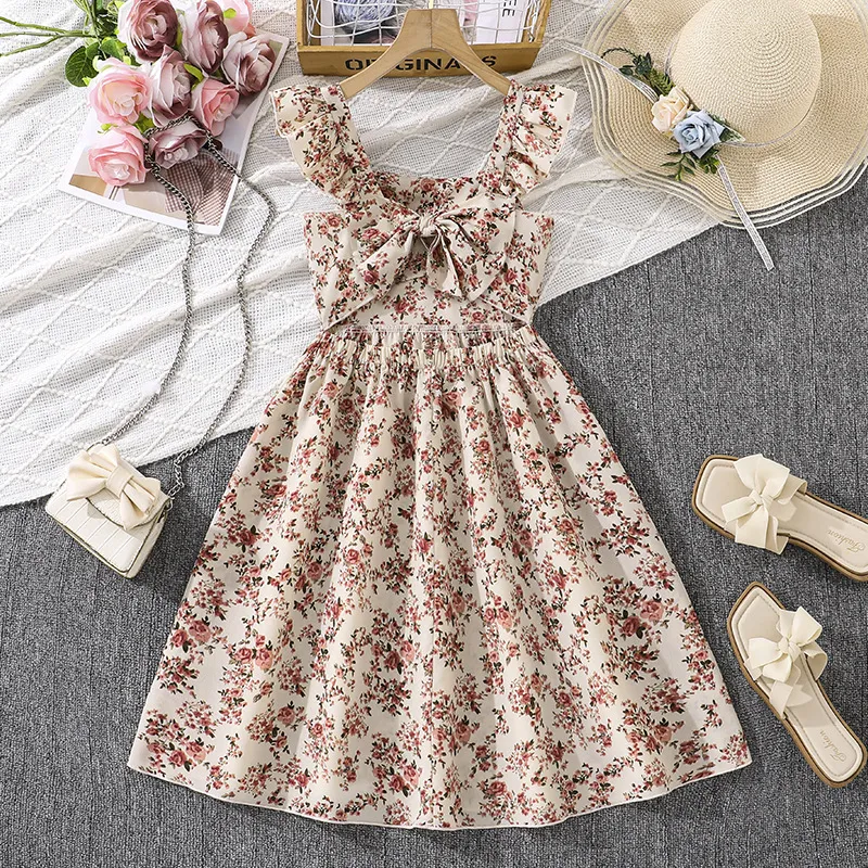 Kids Girl's Elegant Summer Flower Printed Ruffled Sleeveless Large Swing Dress