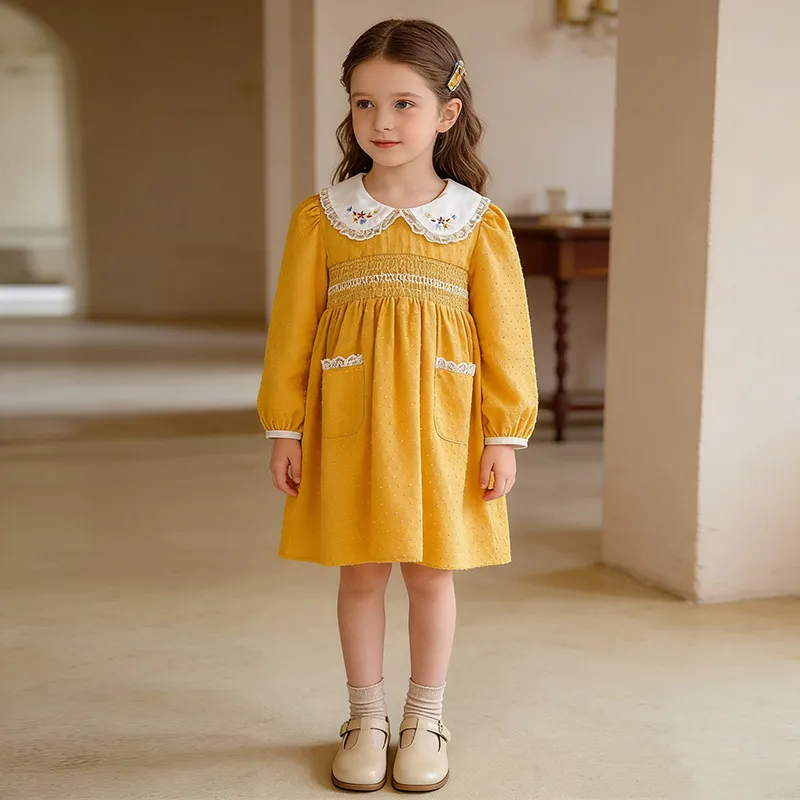 Kids Girls Clothing(3-14T) Elegant Floral Print Lapel Long-Sleeve A-Line Summer Dress Cotton