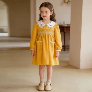 Kids Girls Clothing(3-14T) Elegant Floral Print Lapel Long-Sleeve A-Line Summer Dress Cotton