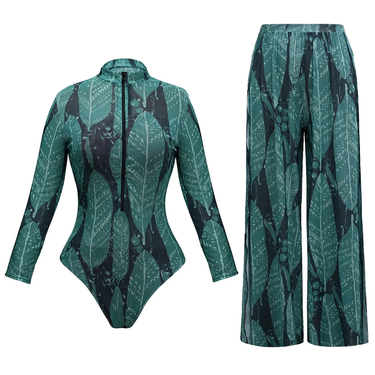 Women Fashion Sexy Printed Mesh Long-Sleeve Top Pants UPF 35+ Sun Protection Swimsuit Set