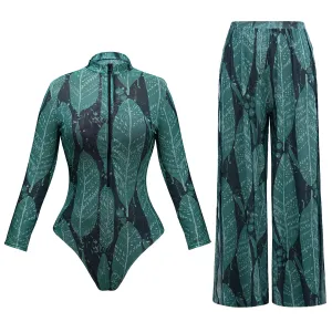 Women Fashion Sexy Printed Mesh Long-Sleeve Top Pants UPF 35+ Sun Protection Swimsuit Set