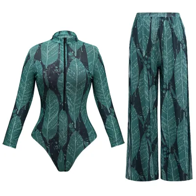 Women Fashion Sexy Printed Mesh Long-Sleeve Top Pants UPF 35+ Sun Protection Swimsuit Set