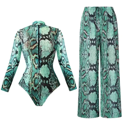 Women Fashion Sexy Printed Mesh Long-Sleeve Top Pants UPF 35+ Sun Protection Swimsuit Set