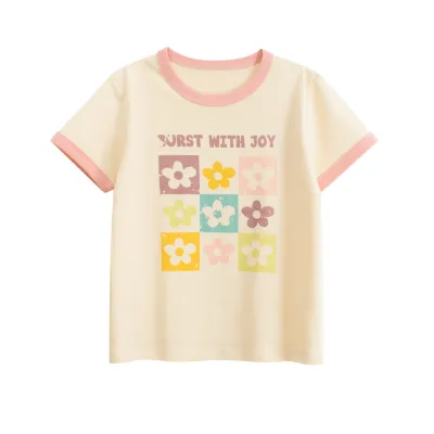 Kids Girls Cotton Flower Printed Short Sleeve T-Shirt Casual Summer
