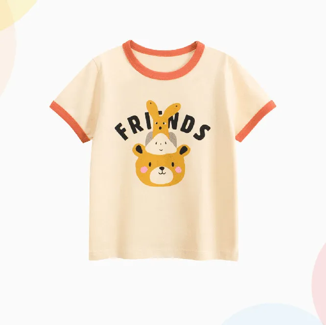 Kids Girls' Casual Summer Cartoon Bear Printed Short-Sleeve Cotton T-Shirt