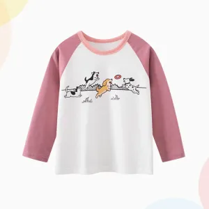 Kids Girls Cotton Cartoon Puppy Printed Long Sleeve Round Neck T-Shirt