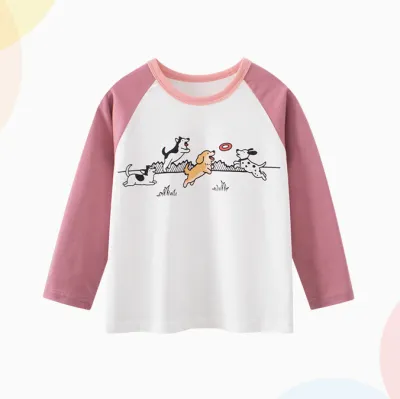 Kids Girls Cotton Cartoon Puppy Printed Long Sleeve Round Neck T-Shirt