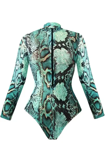 Women Fashion Sexy Printed Mesh Long-Sleeve One-Piece UPF 35+ Sun Protection Swimsuit