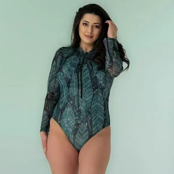 Women Fashion Sexy Printed Mesh Long-Sleeve One-Piece UPF 35+ Sun Protection Swimsuit