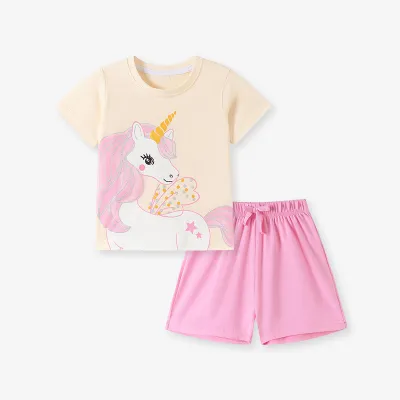 Kids Girls Summer Printed Short Sleeve T-Shirt and Shorts Two-Piece Set
