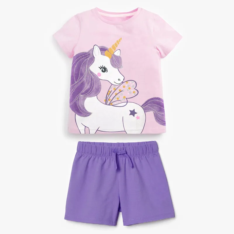 Kids Girls Summer Printed Short Sleeve T-Shirt and Shorts Two-Piece Set