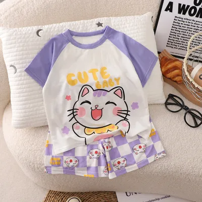 Kids Baby Boys and Girls Fashion Casual Summer Cartoon Short-Sleeve T-Shirt Loose Shorts Lyocell Two-Piece Set
