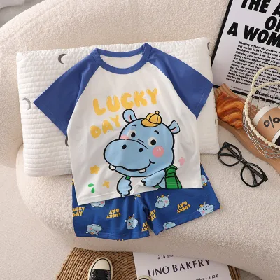 Kids Baby Boys and Girls Fashion Casual Summer Cartoon Short-Sleeve T-Shirt Loose Shorts Lyocell Two-Piece Set