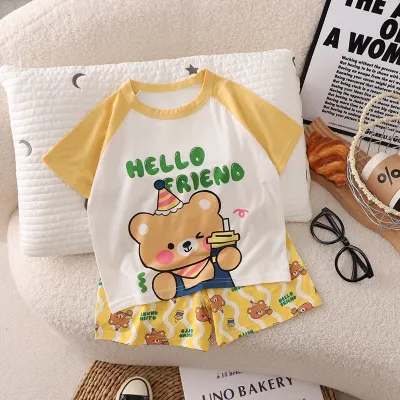 Kids Baby Boys and Girls Fashion Casual Summer Cartoon Short-Sleeve T-Shirt Loose Shorts Lyocell Two-Piece Set