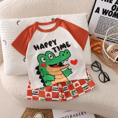 Kids Baby Boys and Girls Fashion Casual Summer Cartoon Short-Sleeve T-Shirt Loose Shorts Lyocell Two-Piece Set