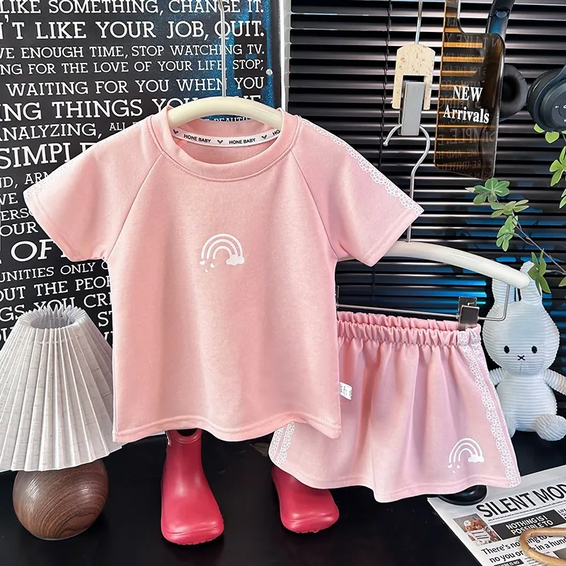 Kids Girls Fashion Casual Cartoon Printed Short Sleeve T-Shirt Skirt Suit Two Pieces Set