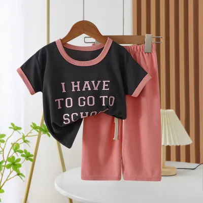 Kids Girls Fashion Casual Summer Waffle Printed Short Sleeve T-Shirt and Pants Two-Piece Set