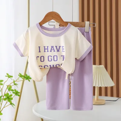 Kids Girls Fashion Casual Summer Waffle Printed Short Sleeve T-Shirt and Pants Two-Piece Set