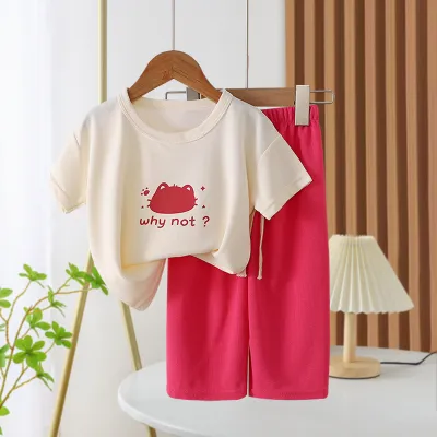 Kids Girls Fashion Casual Summer Waffle Printed Short Sleeve T-Shirt and Pants Two-Piece Set
