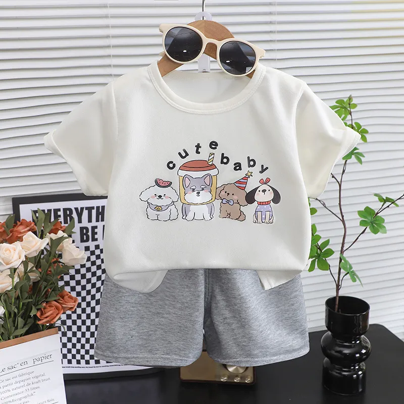 Kids Boys Girls Fashion Casual Summer Cartoon Printed Short-Sleeve T-Shirt Loose Shorts Two-Piece Set