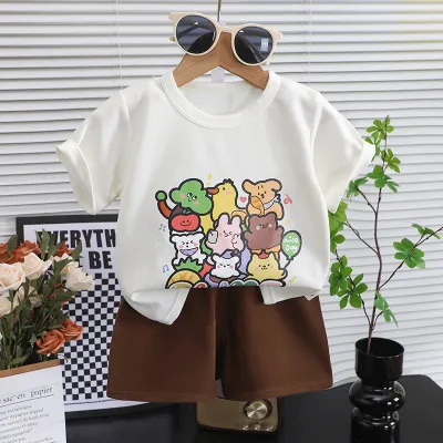 Kids Boys Girls Fashion Casual Summer Cartoon Printed Short-Sleeve T-Shirt Loose Shorts Two-Piece Set